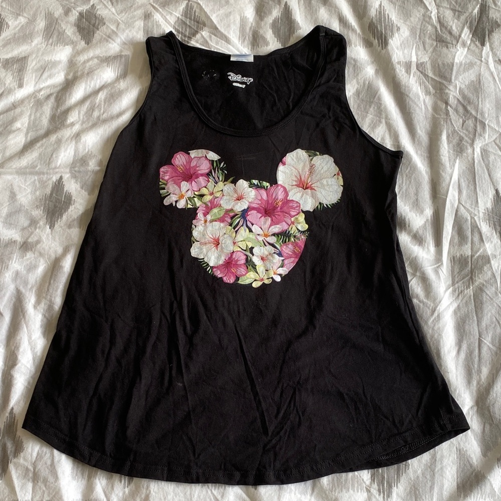 Disney Black Tank Top with Pink & White Floral Mickey